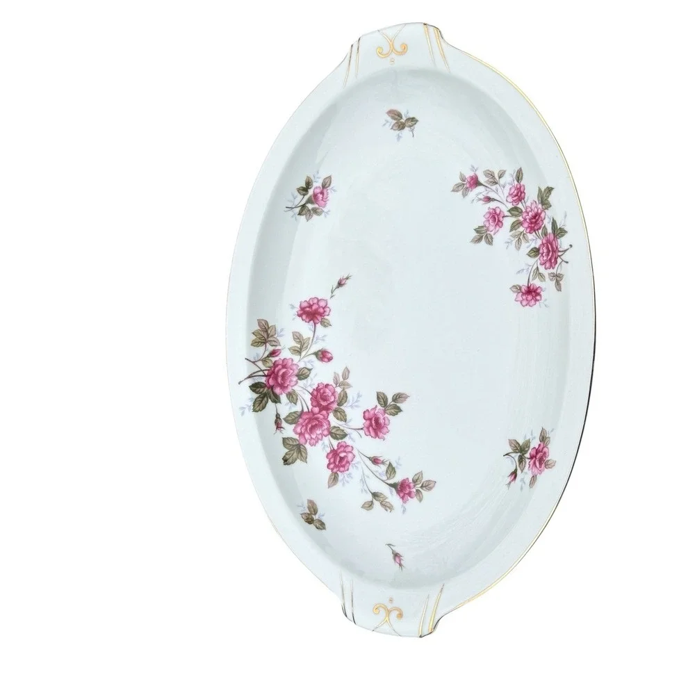 Laurel Teito China Floral Serving Platter Pink Roses Gold Oval 17.5